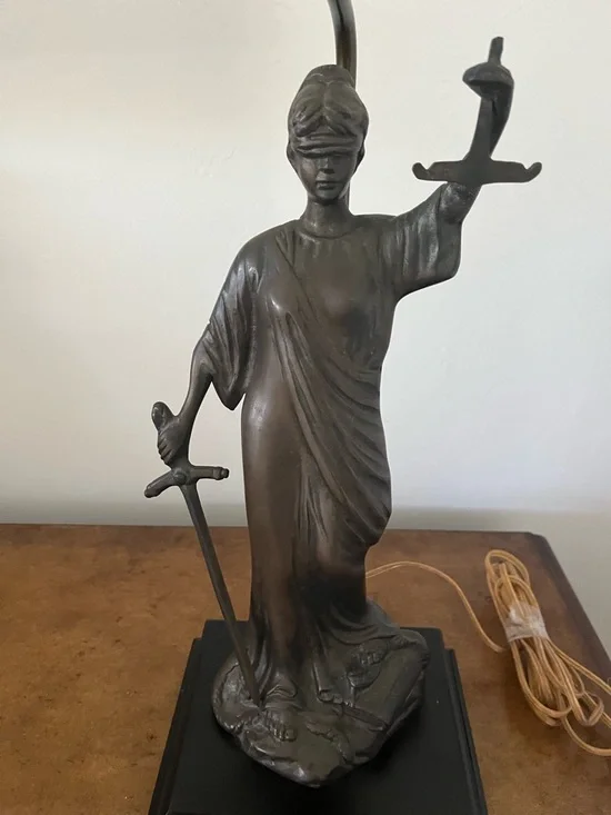 Vintage Bronze Lady Justice Figural Sculpture Table Lamp by Leviton - Picture 5 of 10